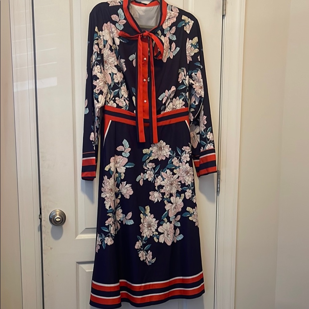 Floral Long Sleeve Dress with Red Accents